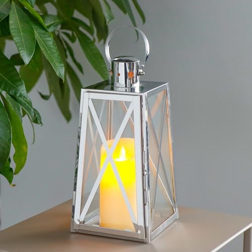 TRIROCKS Stainless Steel Decorative Lantern 12'' H Metal Candle Holder Hanging Candle Lantern with Tempered Glass for Christmas Home Decor Living Room Parties Events Indoor Outdoor(Silver Trapezoid) - Image 5