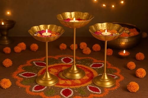 Tealight Holder Urli Bowl Stand | Set of 3 Decorative Urli Stands Christmas Center Piece for Home Decor | Ideal for Floating Diya/Candle for Diwali & Thanksgiving & All Festival - Image 2