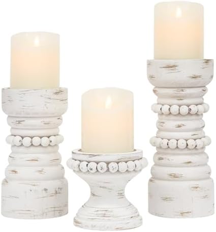Rustic White Wood Candle Holders Set of 3, Farmhouse Beaded Wood Pillar Candle Holder, Candle Holders for Pillar Candles & Candlesticks, Candle Sticks Holder Decor for Table Centerpiece by MODE+HOME