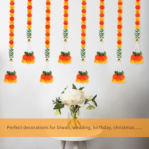 8PCS Diwali Artificial Marigold Garland for Home Decor, Marigold Long Strands with Bells and Leaves for India Wedding, Pooja Decor, Marigold Flowers Strings for All Year Decoration - Image 4