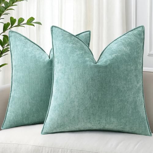 decorUhome Chenille Aqua Haze Velvet Throw Pillow Covers 24x24 Set of 2 by decorUhome