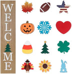 Interchangeable Welcome Sign for Front Porch- 45"X9" Large Standing/Hanging Wooden Sign with 12 PCS Replaceable Icons for 4th of July Fall Halloween Porch Wall Yard Decorations by FestalMart