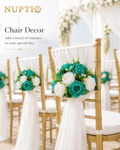 NUPTIO Flower Wedding Centrepieces for Tables - 10 Pcs 9.5in Diameter Teal & White Artificial Flowers Rose Ball for Centerpieces Table - Fake Rose Arrangements for Weddings Birthday Party Decorations - Image 3