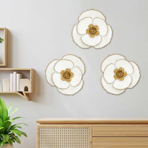 DILATATA 3 Pcs Metal Flower Wall Art Set 10 Inch Rustic Modern Floral Sculpture 3D Metal Flower Wall Hanging Accent for Indoor Living Room Bedroom Kitchen Bathroom Garden Patio Decor - White - Image 4