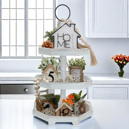 3 Tiered Tray Stand White Tier Serving Tray, Three Decorative Trays, Wooden Cupcake Stand 3 Tiered Farmhouse Tray for Home Decor(L 13.8” W 12.5” H 21.8”) - Image 6