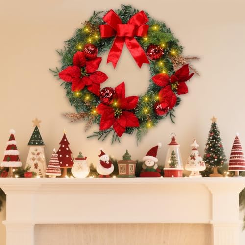 Christmas Wreaths for Front Door 20Inch Christmas Wreath with 50 LED Lights Xmas Door Wreath with Poinsettia for Outdoor Indoor Holiday Home Decoration Xmas Decor Pre-Lit Artificial Wreaths - Image 4