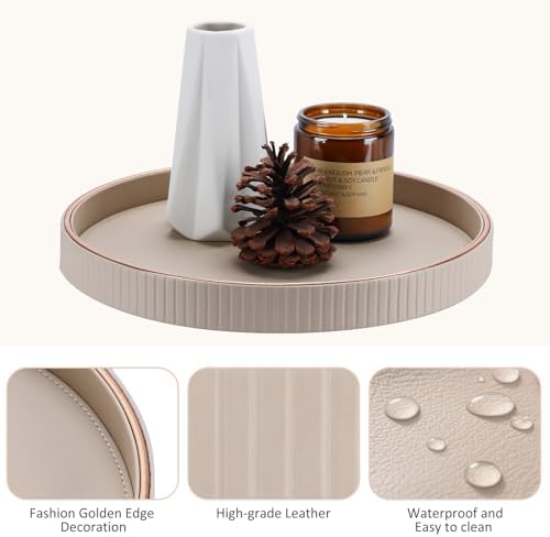 KINGFOM Round Decorative Tray, PU Leather Vanity Tray Organizer with Gold Trim for Dresser, Coffee Table & Bathroom Counter, Modern Home Decor Jewelry & Perfume Tray for Men Women (Beige) - Image 6