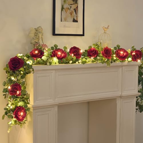 Dolicer 2Pcs 13Ft Artificial Eucalyptus Garlands with Flowers - 8 Roses, Faux Floral Greenery Garlands with 13Ft String Lights Fake Flowers Vines for Wedding Table Centerpieces Arch Party Decor (Red) - Image 4