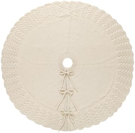 Ivory Knitted Christmas Tree Skirt, Cozy Cable Knit Design with Scalloped Edge and Ties, Rustic Farmhouse Holiday Décor for Christmas Tree Base(Ivory, 36") - Image 4