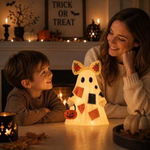14 in Large Lighted Patchwork Ghost Figurine with Pumpkin Lantern & Remote - Image 5