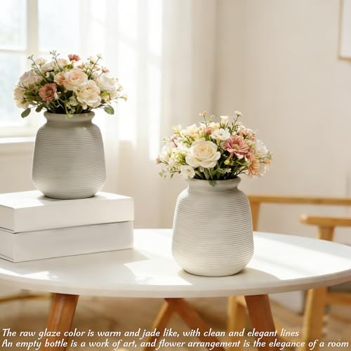 Ceramic Vase Set of 2 Ribbed Matte Rustic Farmhouse Decor - Image 4