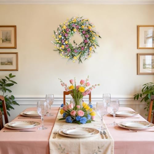 22" Spring Summer Wreath for Front Door - Colorful Wildflower Wreath with Lavender & Forsythia, Everyday Floral Wreaths for Front Door Outside, Spring Door Wreath for Indoor Home Decor - Image 4