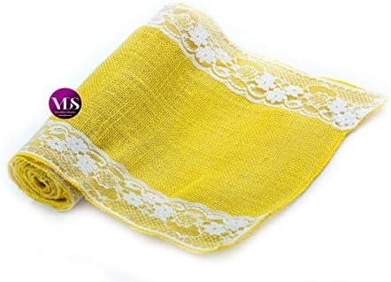 VDS Pack of 25, Burlap Table Runner with White Lace Edge, 100% Natural Jute Rustic Hessian Table Cloth Centerpiece for Wedding Birthday Party Banquet Table Decoration (Size 12X108 Inch)(Yellow) - Image 3