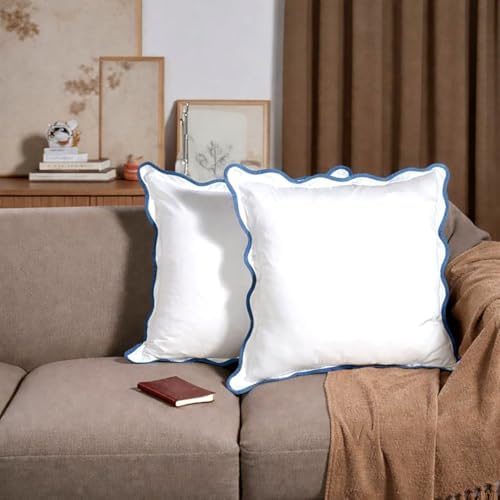 Ridhi White with Blue Scalloped 100% Cotton Throw Pillow Covers 24x24 Inch - Image 2