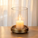 5" Wide Glass Hurricane Candle Holders and Glass Vase with Minimalism Metal Base in Antique Gold, Handmade and Sturdy Glass, Pillars, Flower Arrangement, Centerpiece, Dining Table, Console, Mantel - Image 3