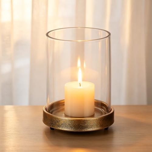 5" Wide Glass Hurricane Candle Holders and Glass Vase with Minimalism Metal Base in Antique Gold, Handmade and Sturdy Glass, Pillars, Flower Arrangement, Centerpiece, Dining Table, Console, Mantel - Image 3