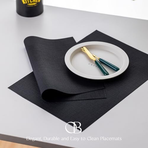 Placemats Set of 12 - Easy Clean Woven Vinyl Placemats for Dining Table, Indoor/Outdoor Place Mats, Washable PVC Table Mats（Black） - Image 3