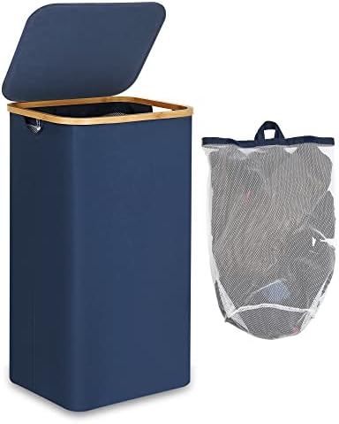 efluky Laundry Basket with Lid and Removable Bag, 100L Tall Laundry Hamper with Bamboo Handles, Aesthetic Dirty Clothes Bin for Laundry Room, Bathroom, Bedroom and Dorm, Blue by efluky