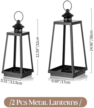 Black Metal Lantern Decorative Indoor, Set of 2 Wedding Decor - Image 2