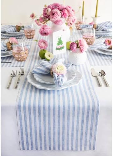Solino Home 100% Pure Linen Table Runner, 14 x 156 in, Blue, Amalfi Stripe by SolinoHome