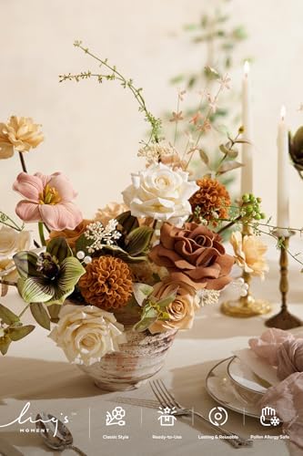 Ling's moment Fake Flowers Box, Faux Artificial Greenery Stems Foam Roses Dahlia Gardenia Tulip Silk Carnation Fabic Flower for Centerpieces Bouquet Wedding Vase, Apricot & Peach, Deluxe Combo - Image 3