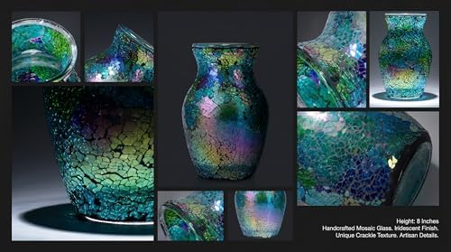 8" Iridescent Crackle Glass Vase, Handmade Deep Teal Green & Violet Mosaic Flower Vase, Dynamic Light-Reactive Art Centerpiece for Home Decor - Image 3