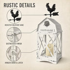Farmhouse Decorative Lantern with Rooster Top, White Metal Candle Holder - Image 3