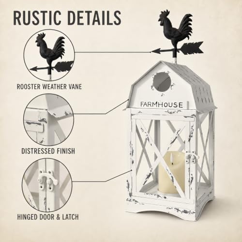 Farmhouse Decorative Lantern with Rooster Top, White Metal Candle Holder - Image 3