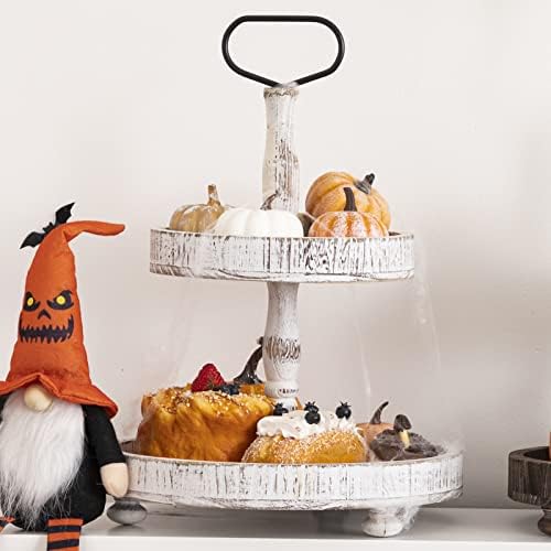 Farmhouse Two Tiered Wooden Tray Stand, UBTKEY 2 Tier Wood Round Decorative Tray with Metal Handle for Home Kitchen Seasonal Holiday Decorations, 17"x13" (Distressed White) - Image 3