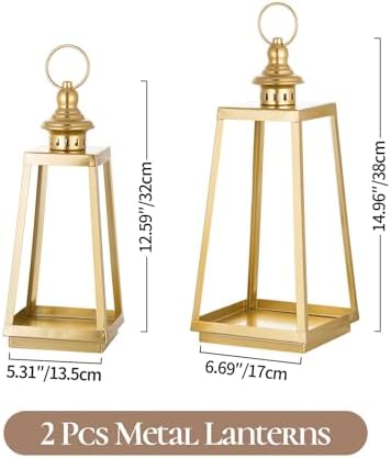 Gold Metal Lantern Decorative Indoor, Set of 2 Wedding Decor - Image 3