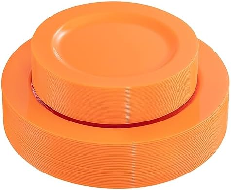 FLOWERCAT 60PCS Orange Plates - Heavy Duty Orange Plastic Plates Disposable for Fall Party & Halloween&Thanksgiving - Serve 30 Guests 10.25inch and 7.5inch by FLOWERCAT