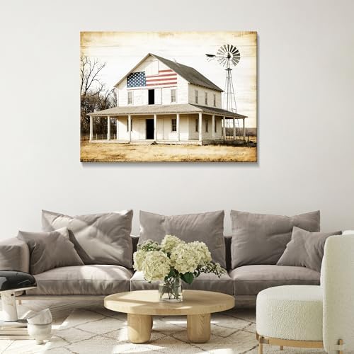 July 4th Patriotic Canvas Wall Art 4th of July USA Decorations Rustic Old Barn Artwork American Flag Painting Independence Day Home Decor 24x32in - Image 2