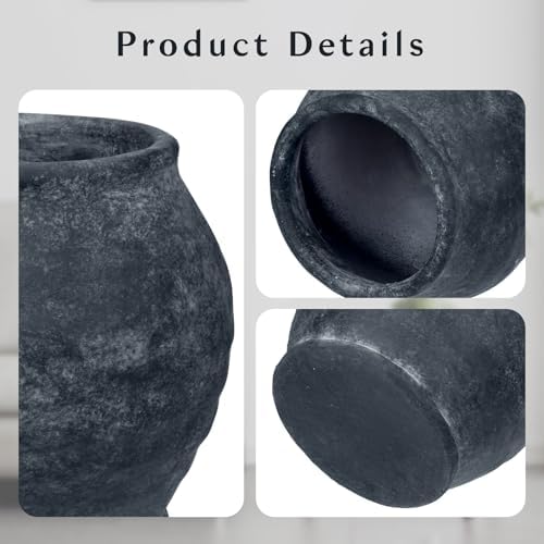 Briful Rustic Vintage Ceramic Pottery Vase, 6.1'' Farmhouse Table Decor with Distressed Texture, Wide Mouth Decorative Jar Vases for Home Decor, Shelf & Entryway, Black - Image 3