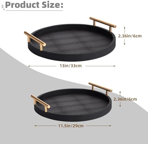 2 Piece Black Round Serving Tray with Handles, Woven-Texture Faux Leather Ottoman Tray for Living Room, Decorative Tray for Coffee Table Home Decor - Image 6