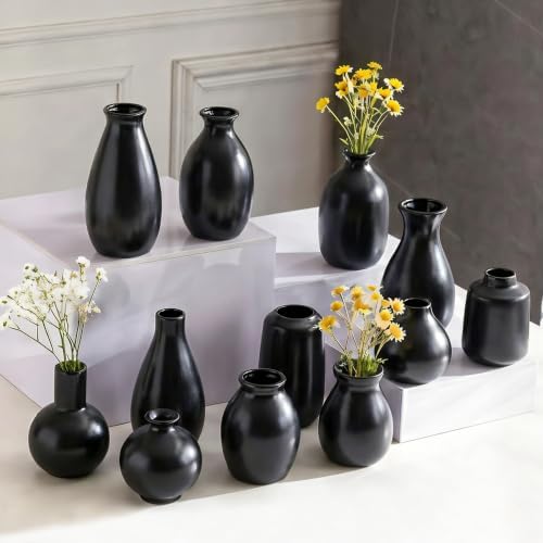 Ceramic Bud Vases Set of 12, Black Small Vase in Bulk, Mini Pottery Vases for Pampas Grass Clay Vase for Wedding Table Centerpieces Decoration Modern Boho Rustic Home Decor by Tenforie