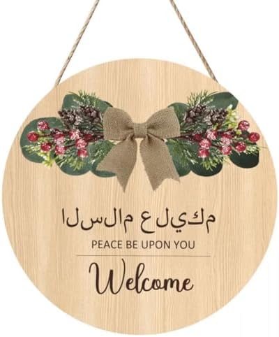 Welcome Hanging Sign Islamic Wall Art,Round Wooden Arabic Calligraphy Wall Decor,As-Salamu Alaykum -Peace Be Upon You,Islamic Floral Design For Wall Decoration,Door Hangings,Office Design by Unknown