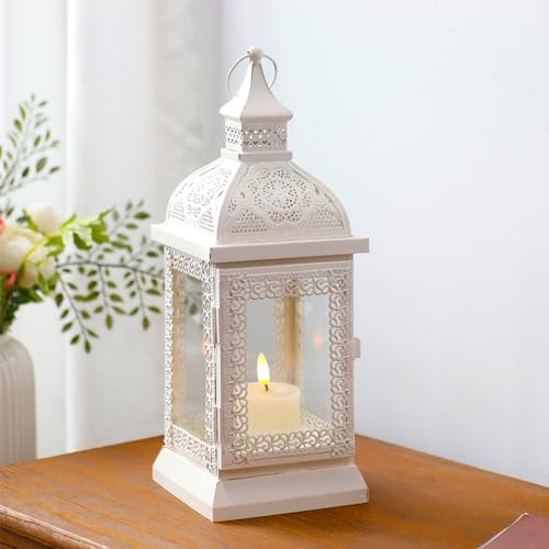TRIROCKS Rustic Style Metal Candle Lantern 13'' High Decorative Outdoor Lantern Candle Holder with Tempered Glass for Thanksgiving Christmas Living Room Garden Patio Parties Indoors Outdoors (Cream) - Image 4