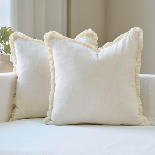 Amor Virisso Fringe Throw Pillow Covers 20x20 Set of 2 Boho Neutral Farmhouse Decorative Pillow Covers with Tassels for Couch Sofa Bed, Cream White by AffordableFloralPrintMaker