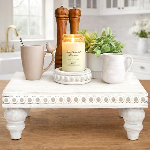 Felt Creative Home Goods Decorative Wood Risers for Decor | Tiered Tray Stand | Farmhouse Beaded Riser Stand for Decor | Wooden Pedestal Stand Large 12x16 Beaded Tray for Kitchen Coffee Bar (White) by FeltCreativeHomeGoods