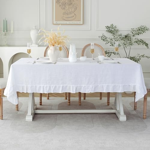 Linen World Ruffle Linen Tablecloth,100% French Linen White Tablecloth 90" x 60" Inch,Washable Rectangular Tablecloth for Dining,Outdoor,Weddings and Restaurants,Decorative Thanksgiving Christmas - Image 2
