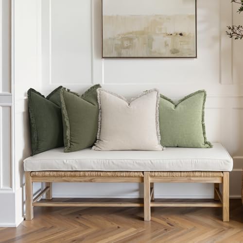 MIULEE Fall Linen Fringe Pillow Covers Set of 4 24x24 Beige/Sage Green - Image 2