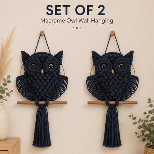 Bohemian Owl Macramé Wall Hanging Pack Of 2-12 x 23 Inch, Black - Image 2