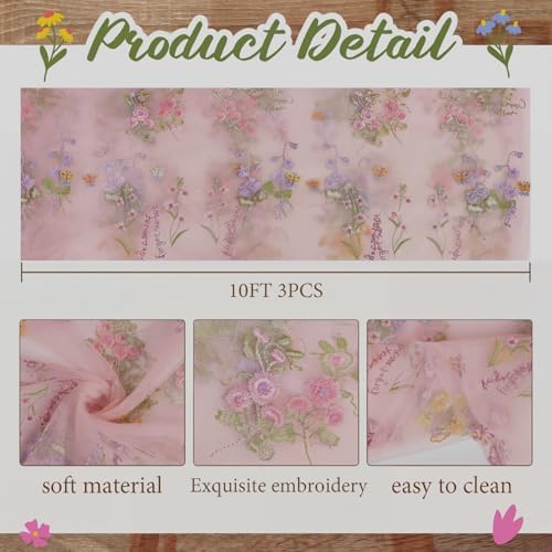 Pink Floral Table Runner 10ft Embroidery Tulle Spring Wildflower Table Runner Seasonal Summer Butterfly Kitchen Dining Gauze Decoration for Wedding Baby Shower Birthday Party (3 Pcs) - Image 2