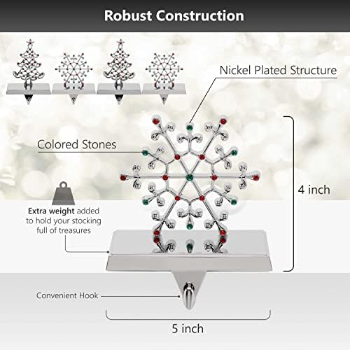 Nickel-Plated Christmas Stocking Holders 4-Pack with Snowflake & Tree Stand Colored Stones, Ideal for Fireplace & Shelf - Image 2