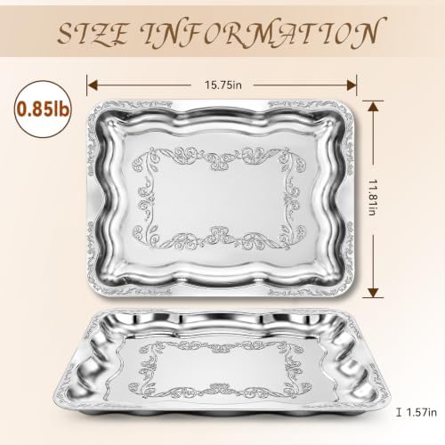 4 Pack Large Silver Serving Trays, Elegant Floral Silver Serving Platter for Party Decoration Buffet Wedding Festive Occasions 15.7" x 11.8" - Image 3