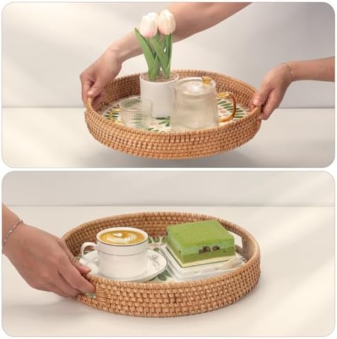 YANGQIHOME Round Serving Tray with Decorative Mother of Pearl Inlay, Wicker Tray for Home Decor, Table Decor, Gifts, Dining, Woven Tray for Food, Fruit, Coffee, 13.8 inch - Image 5