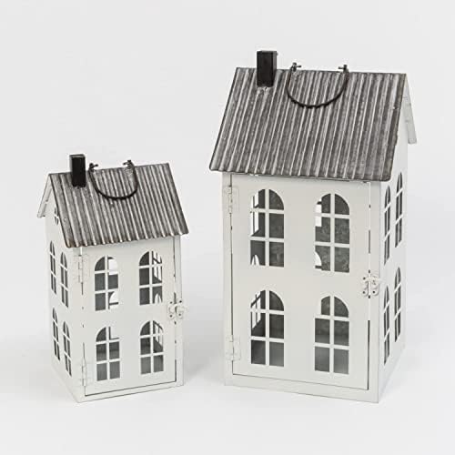 Orchid & Ivy 14-Inch Set of 2 Decorative White Metal House Candle Holder Lanterns with Corrugated Roof - Tabletop or Hanging Christmas Holiday or Everyday Home Decor - Rustic Farmhouse Xmas Decoration - Image 2