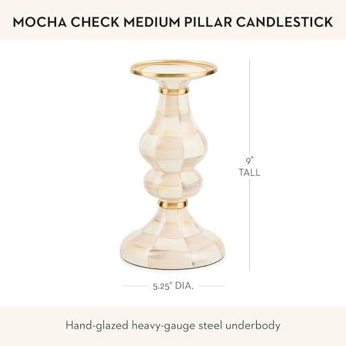 MACKENZIE-CHILDS Pillar Candlestick, Medium, Brown-and-White Mocha Check - Image 4