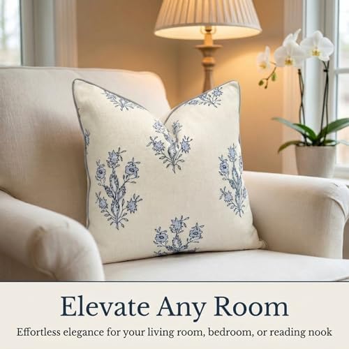 Jillien Harbor “The Mary” Blue and White Decorative Throw Pillow Cover – Floral Block Print Pillow Cover – Grandmillennial Home Decor, 19" x 19" - Image 3