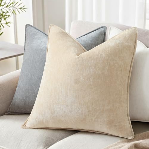decorUhome Chenille Beige Velvet Throw Pillow Covers 26x26 Set of 2 - Image 3